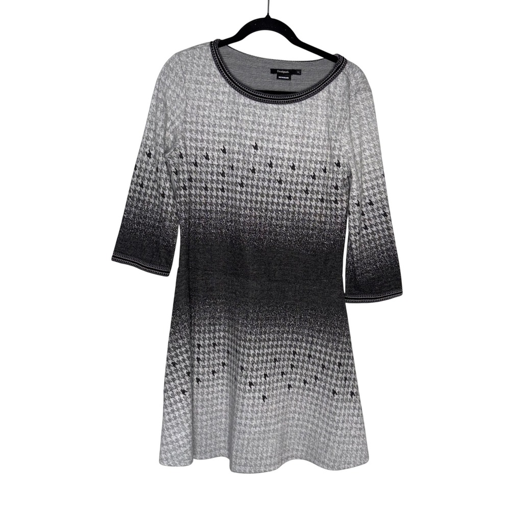 Desigual Houndstooth Ombre Dress Women XL Gray Black Excellent 3/4 Sleeve A-Line